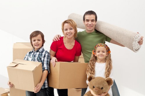 Packed boxes and furniture prepared for a house removal in Hampstead